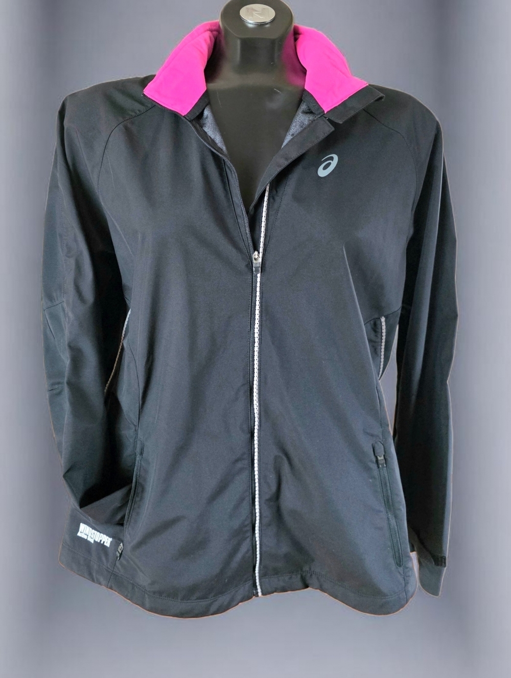 Asics Windstopper Active Shell Road Packable Activewear Jacket With Pink Collar